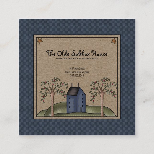 Rustic Primitive Country Saltbox House on Kraft Square Business Card (Front)
