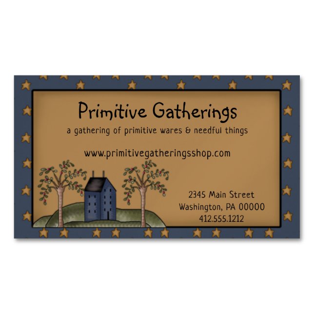 Rustic Primitive Country Saltbox & Stars on Kraft Business Card Magnet (Front)