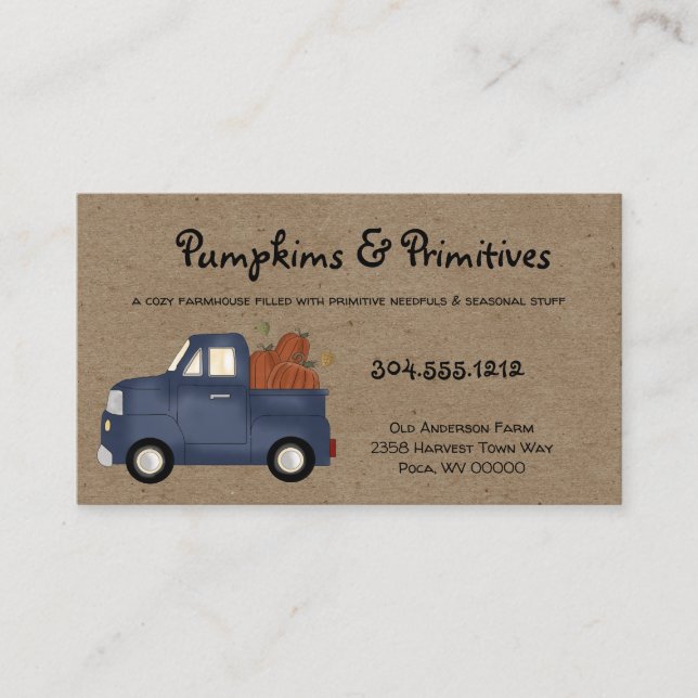 Rustic Primitive Harvest Truck with Pumpkins Kraft Business Card (Front)