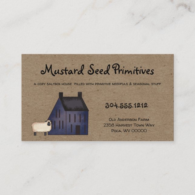 Rustic Primitive Saltbox House & Sheep Country Bus Business Card (Front)