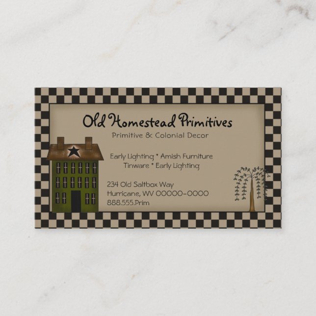 Rustic Primitive Saltbox Willow Tree Country  Business Card (Front)