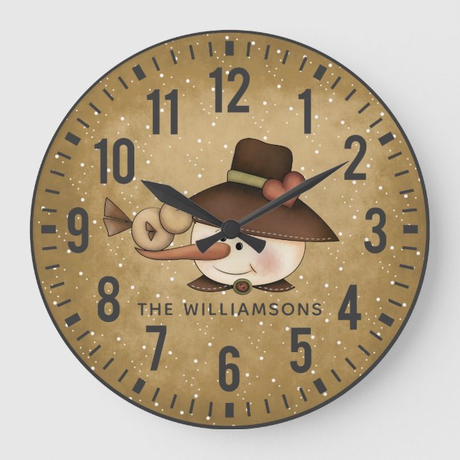 Rustic Primitive Snowman Personalized Large Clock (Front)