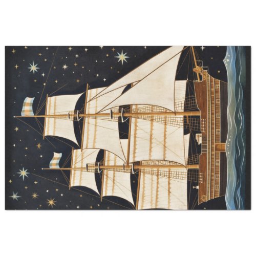 Rustic Primitive Tall Ship At Night Decoupage     Tissue Paper