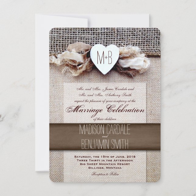 Rustic Printed Burlap Heart Initial Wedding Invite (Front)