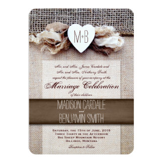 Rustic Printed Burlap Heart Initial Wedding Invite