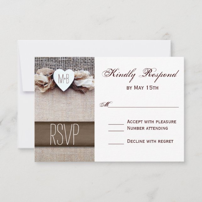 Rustic Printed Burlap Heart Initials Wedding RSVP Card (Front)