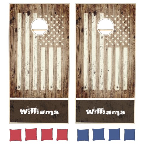 Rustic Printed Dark Wood USA Flag Family Cornhole Set