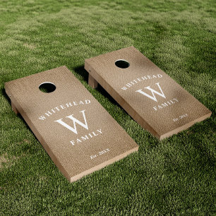 Rustic Printed Linen Texture Monogram Family Cornhole Set