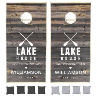 Rustic Printed Wood Lake House Paddles Name Cornhole Set