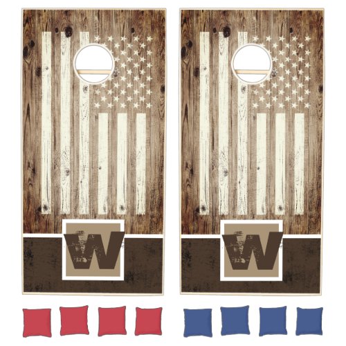 Rustic Printed Wood USA Flag Family Monogram Cornhole Set