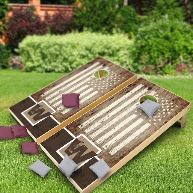 Rustic Printed Wood USA Flag Family Monogram Cornhole Set (Rustic Printed Wood USA Flag Family Monogram Cornhole Set)