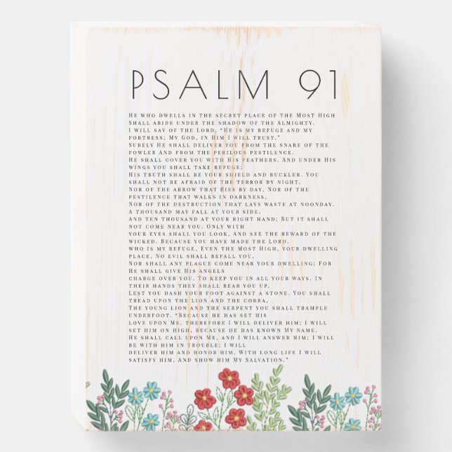 Rustic Psalm 91 Wood Sign Colorful Art Flowers (Front Vertical)