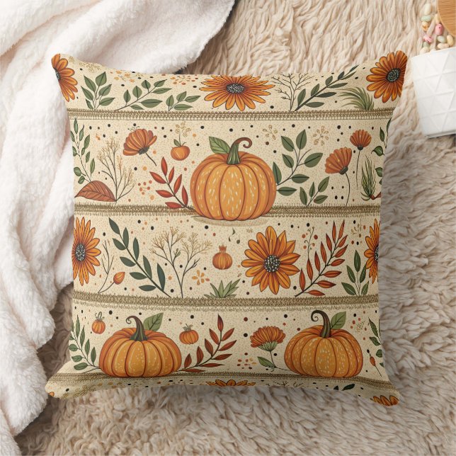 Rustic Pumpkin and Chrysanthemum Autumn Pattern 2 Throw Pillow (Blanket)