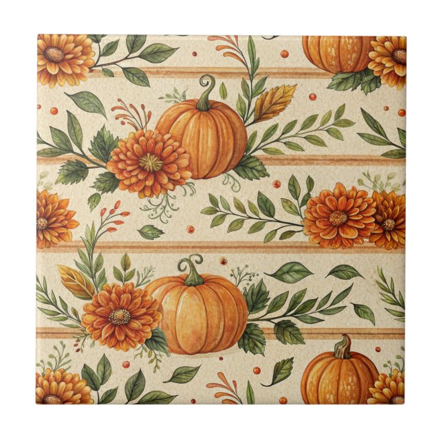 Rustic Pumpkin and Chrysanthemum Autumn Pattern Ceramic Tile (Front)