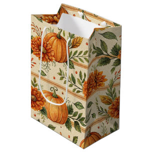 Rustic Pumpkin and Chrysanthemum Autumn Pattern Medium Gift Bag