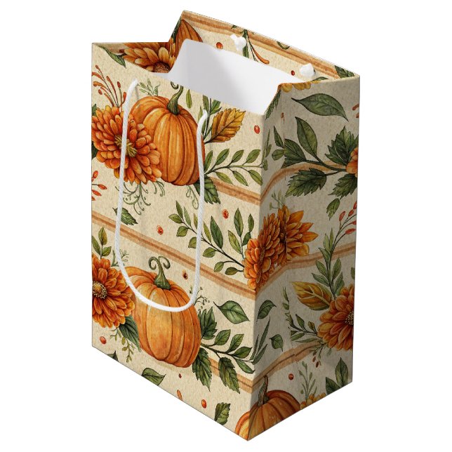 Rustic Pumpkin and Chrysanthemum Autumn Pattern Medium Gift Bag (Front Angled)