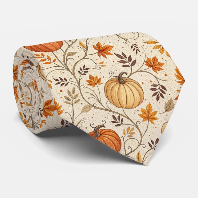Rustic Pumpkin and Fall Foliage Pattern Neck Tie (Rolled)