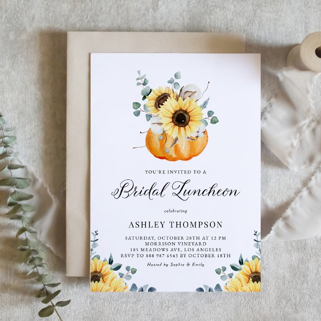 Rustic Pumpkin and Sunflowers Fall Bridal Luncheon Invitation (Customizable fall bridal luncheon invitation featuring watercolor pumpkin, sunflowers and greenery.)