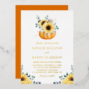 Rustic Pumpkin and Sunflowers Fall Wedding Foil Invitation