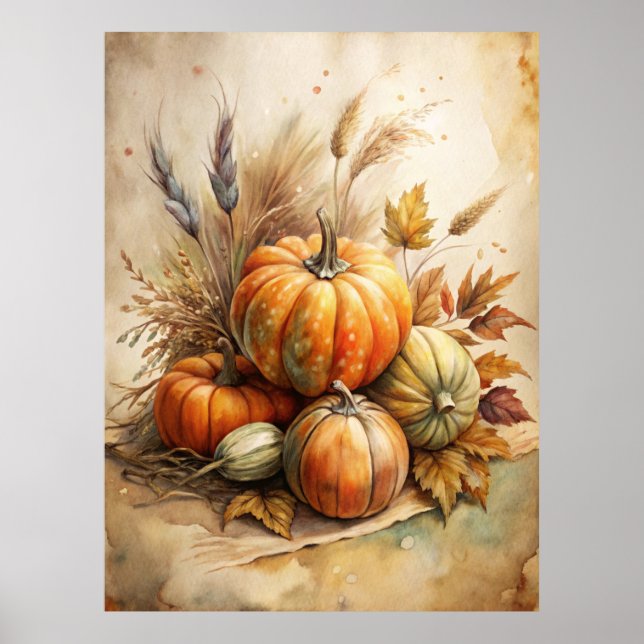 Rustic Pumpkin & Autumn Leaves Boho Fall Wall Art (Front)