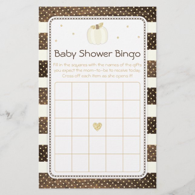 Rustic Pumpkin Baby Shower Bingo Game, Ivory Gold Flyer (Front)