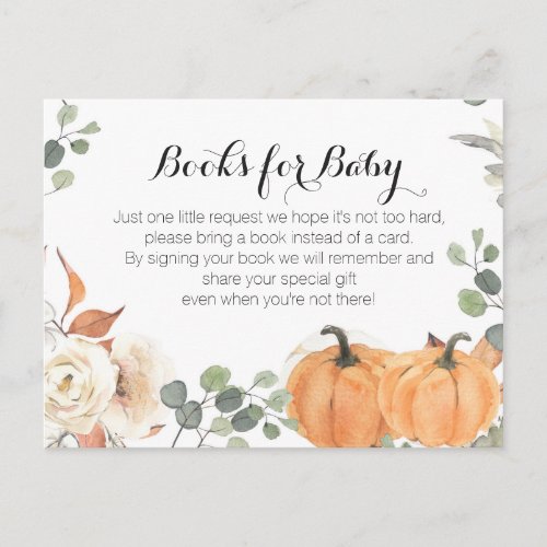 Rustic pumpkin Baby Shower  _ Bring a book insert Invitation Postcard