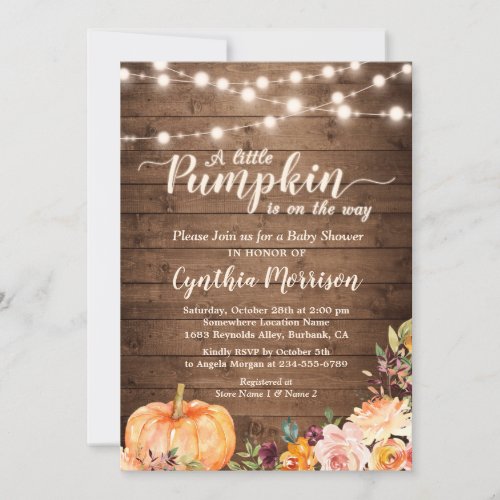 Rustic Pumpkin Baby Shower String Lights Floral Invitation - A Little Pumpkin is On the Way - Rustic String Lights Floral Baby Shower Invitation 
(1) For further customization, please click the "customize further" link and use our design tool to modify this template. 
(2) If you prefer Thicker papers / Matte Finish, you may consider to choose the Matte Paper Type. 
(3) If you need help or matching items, please contact me.