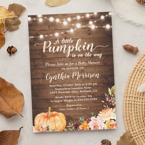 Rustic Pumpkin Baby Shower String Lights Floral Invitation