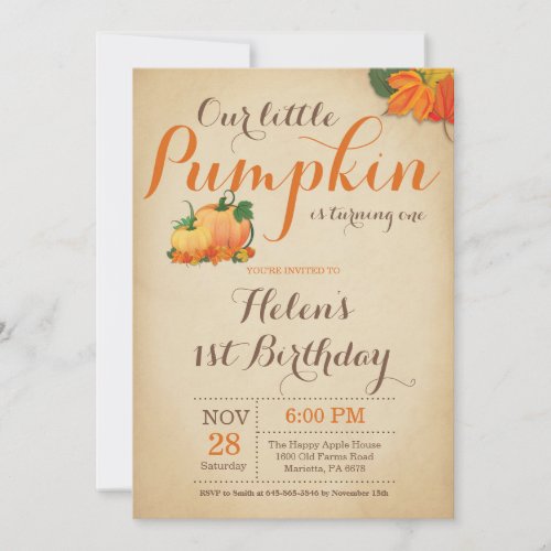 Rustic Pumpkin Birthday Invitation First Bday