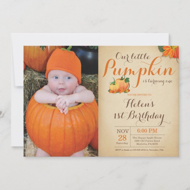 Rustic Pumpkin Birthday Invitation First Bday (Front)