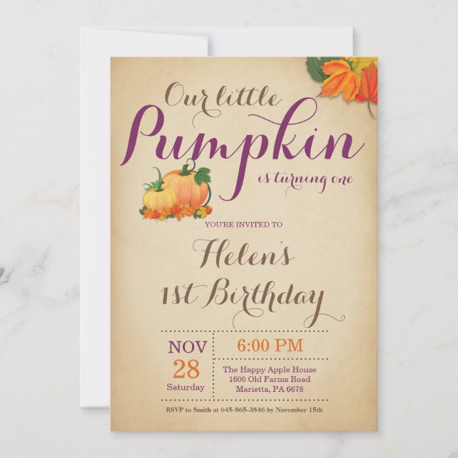 Rustic Pumpkin Birthday Invitation First Bday (Front)