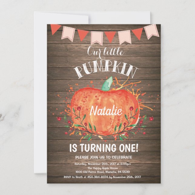 Rustic Pumpkin Birthday Invitation Pink (Front)