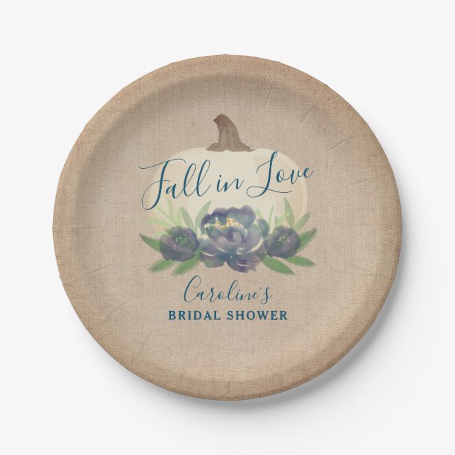 Rustic Pumpkin Blue Fall Floral Bridal Shower Paper Plates (Front)