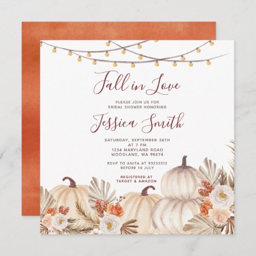 Rustic Pumpkin Boho Fall in Love Bridal Shower Invitation