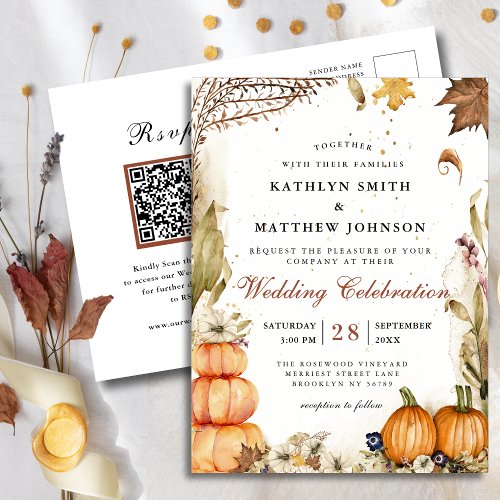 Rustic Pumpkin Botanical Autumn Wedding QR code Invitation Postcard