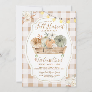 Rustic Pumpkin Brown Gingham Fall Harvest Party Invitation
