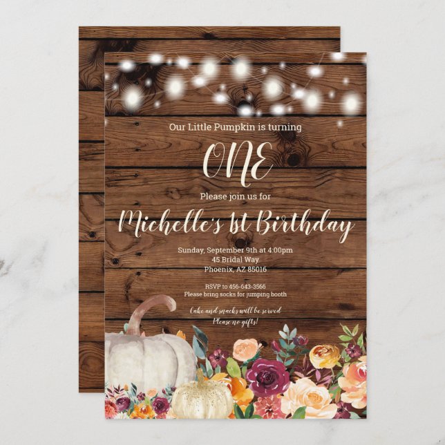 Rustic Pumpkin Burgundy Gold Girl First Birthday Invitation (Front/Back)