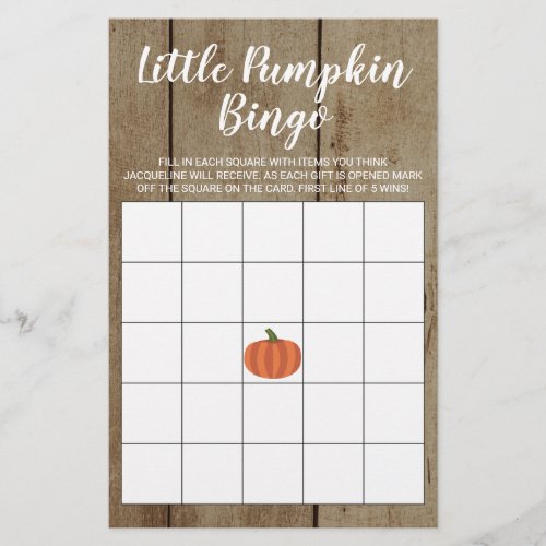 Rustic Pumpkin Fall Baby Shower Gift Bingo Card