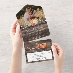 Rustic Pumpkin Fall Barn Wood Photo Wedding All In One Invitation