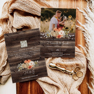 Rustic Pumpkin Fall Barn Wood Wedding QR Code Invitation