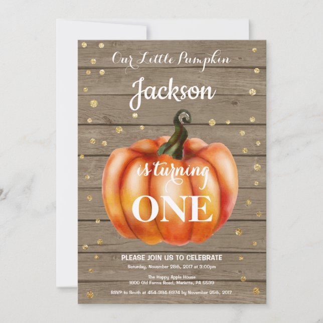 Rustic Pumpkin Fall Birthday Invitation Gold (Front)