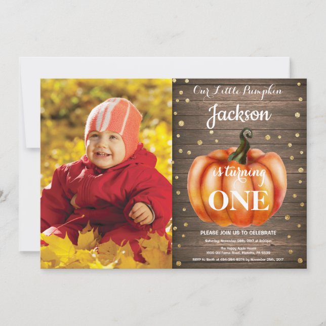 Rustic Pumpkin Fall Birthday Invitation Gold (Front)