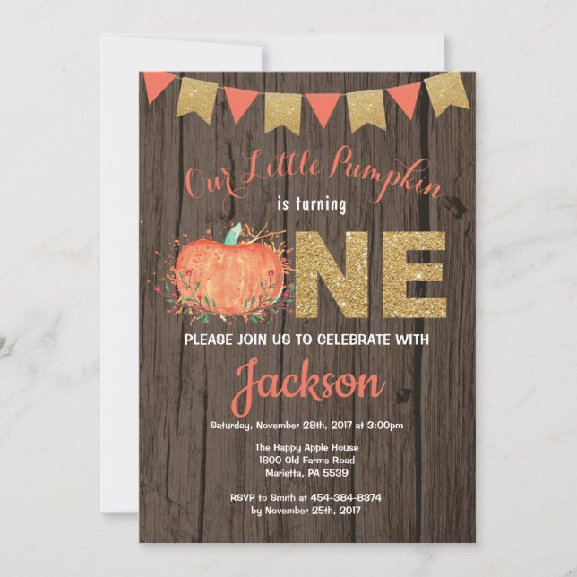 Rustic Pumpkin Fall Birthday Invitation Gold (Front)