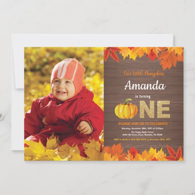 Rustic Pumpkin Fall Birthday Invitation Gold (Front)