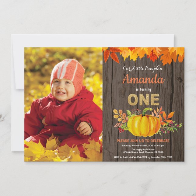 Rustic Pumpkin Fall First Birthday Gold Invitation (Front)