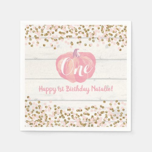 Rustic Pumpkin Fall First Birthday Party Pink Napkins