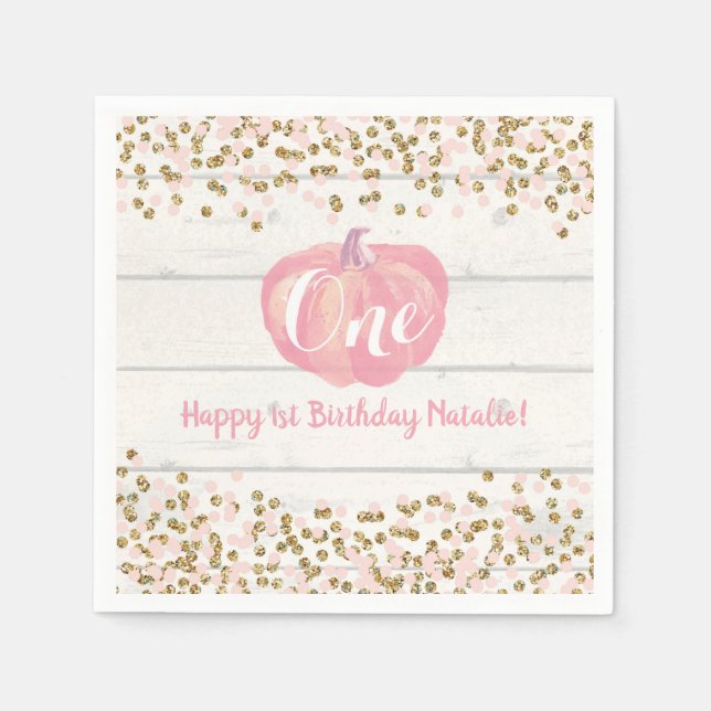 Rustic Pumpkin Fall First Birthday Party Pink Napkins (Front)