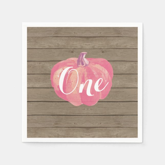 Rustic Pumpkin Fall First Birthday Party Pink Napkins (Front)