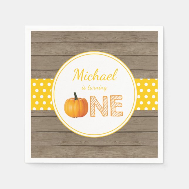 Rustic Pumpkin Fall First Birthday Party Yellow Napkins (Front)