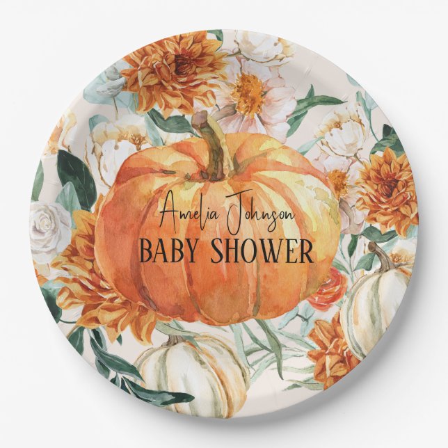 Rustic Pumpkin Fall floral autumn Baby Shower  Paper Plates (Front)